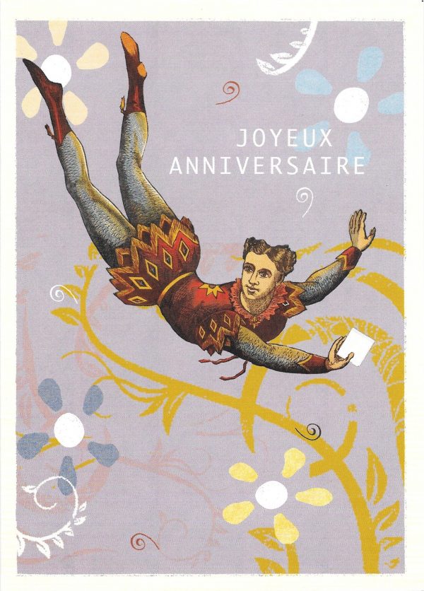 Happy birthday greeting card with flying man